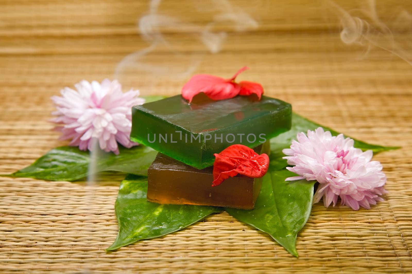 bars of natural handmade soap, surrounded by fresh ingredients, (chrysanthemum, green and red leaves)