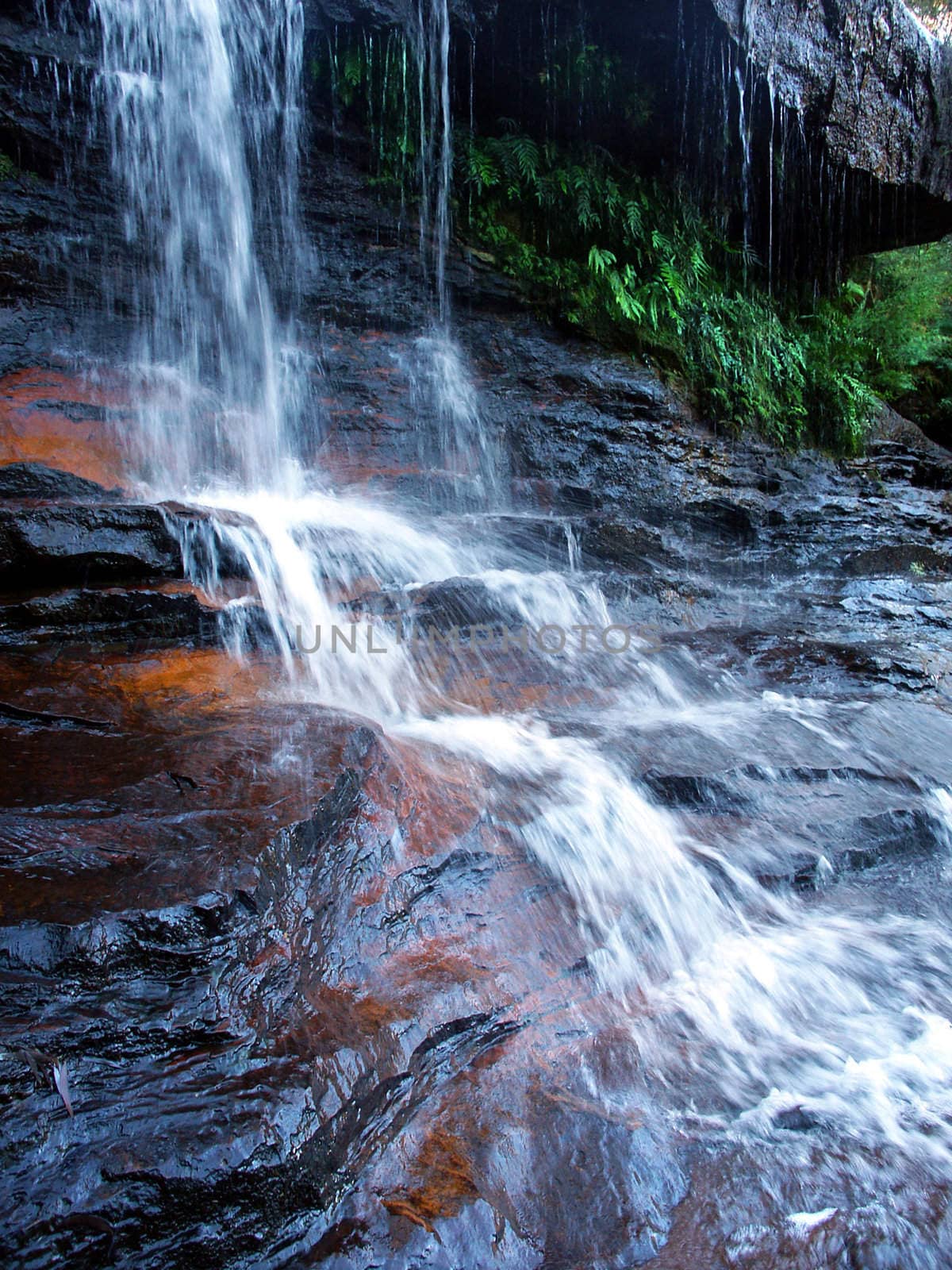 A tranquil waterfall in the Blue Mountains of New South Wales, Australia.