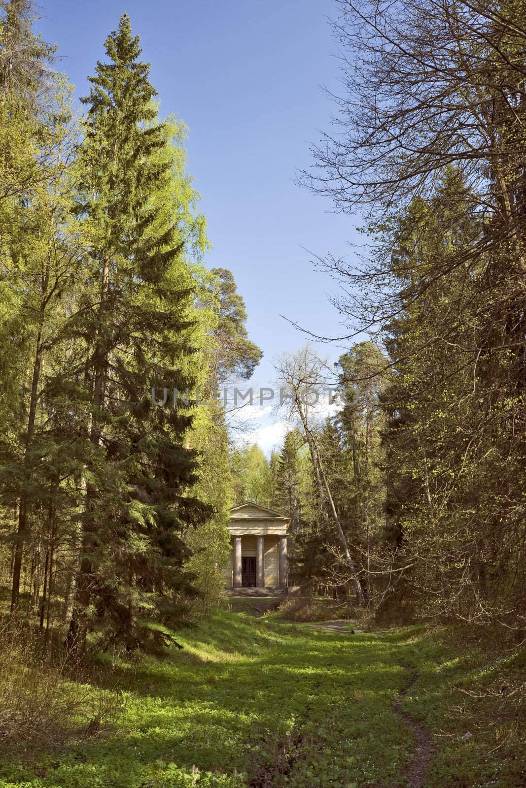 Classical building with columns deep in the park