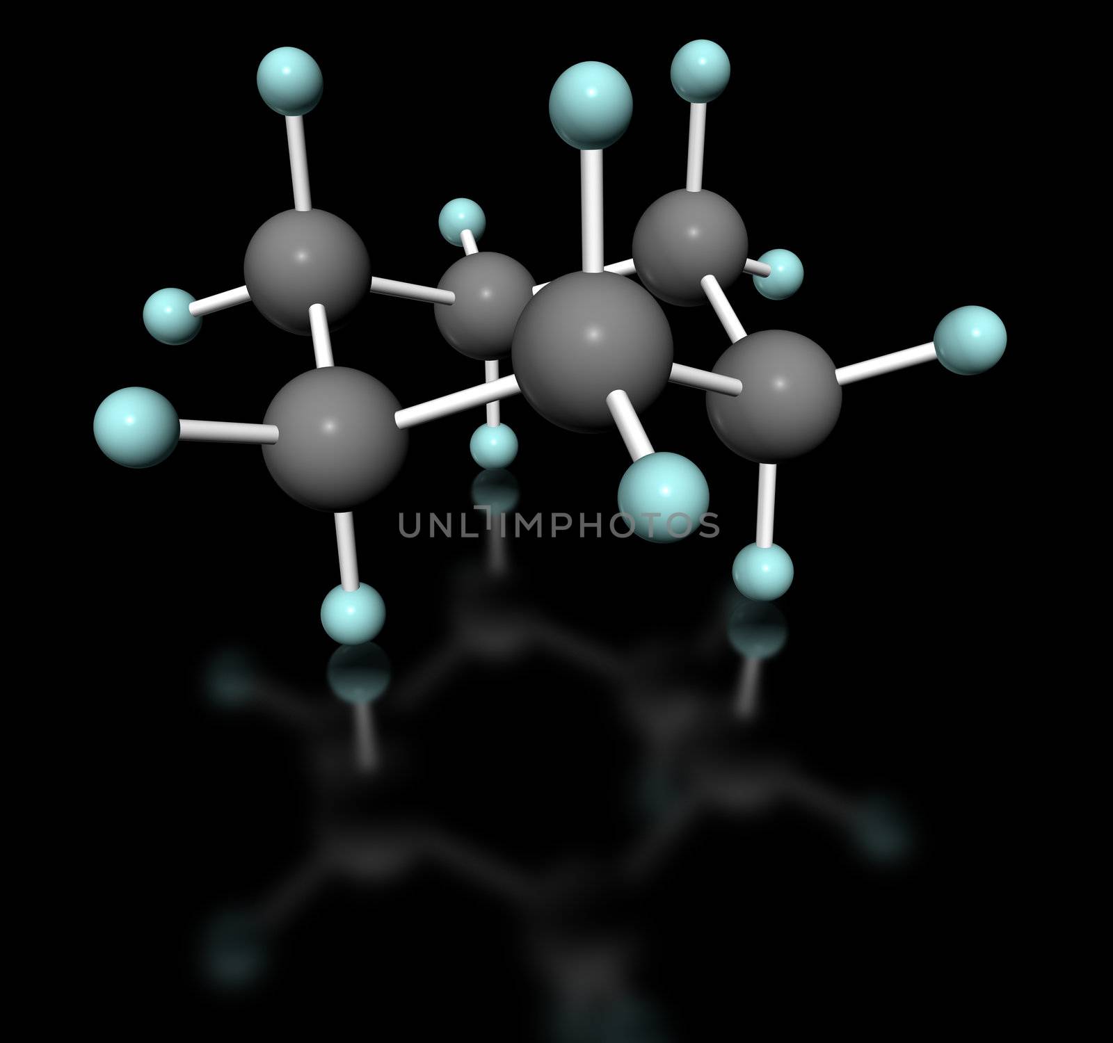 3D molecular model of cyclohexane in chair conformation  with label on white background