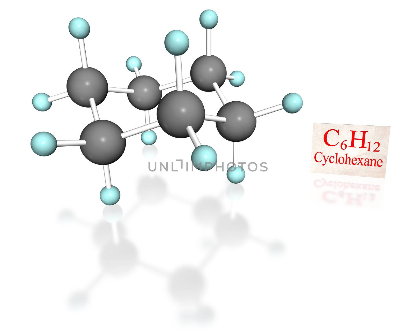 3D molecular model of cyclohexane in chair conformation  with label on white background
