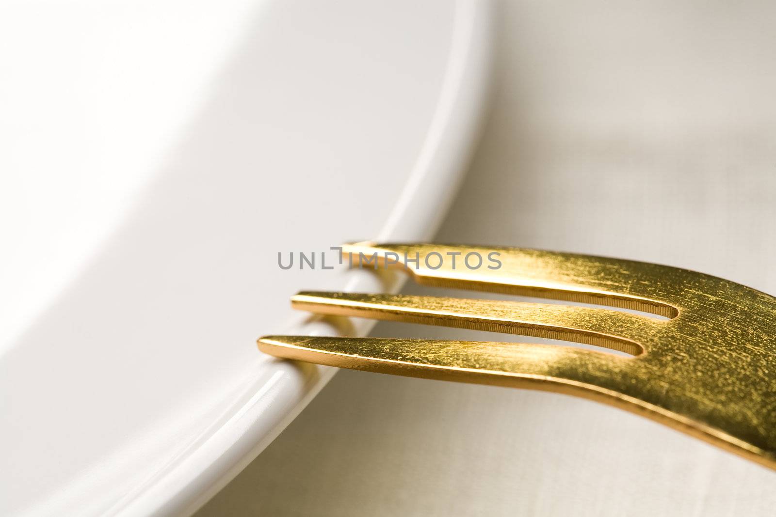 Fragment of kitchen ware - a white plate and a Gold fork on a plate
