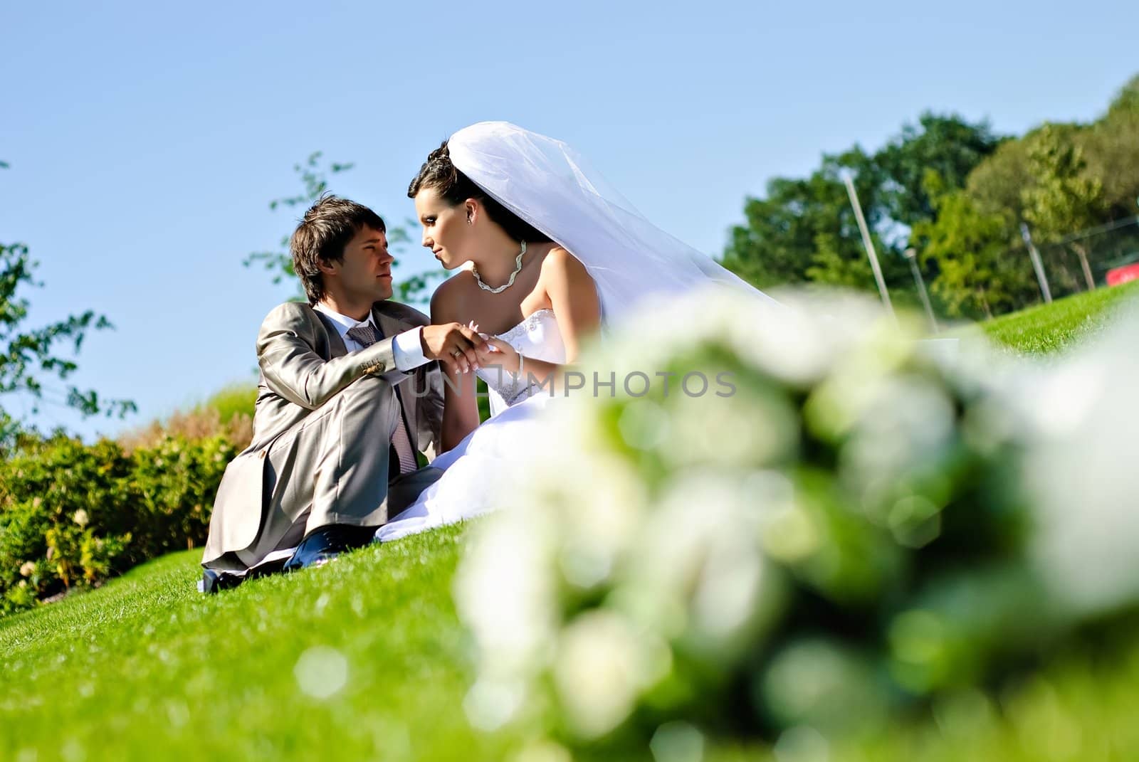 Bride and Groom sitting on a green meadow