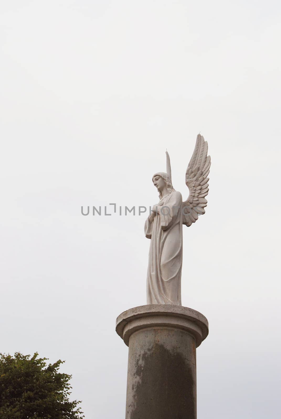 White angel with elevated wings on column