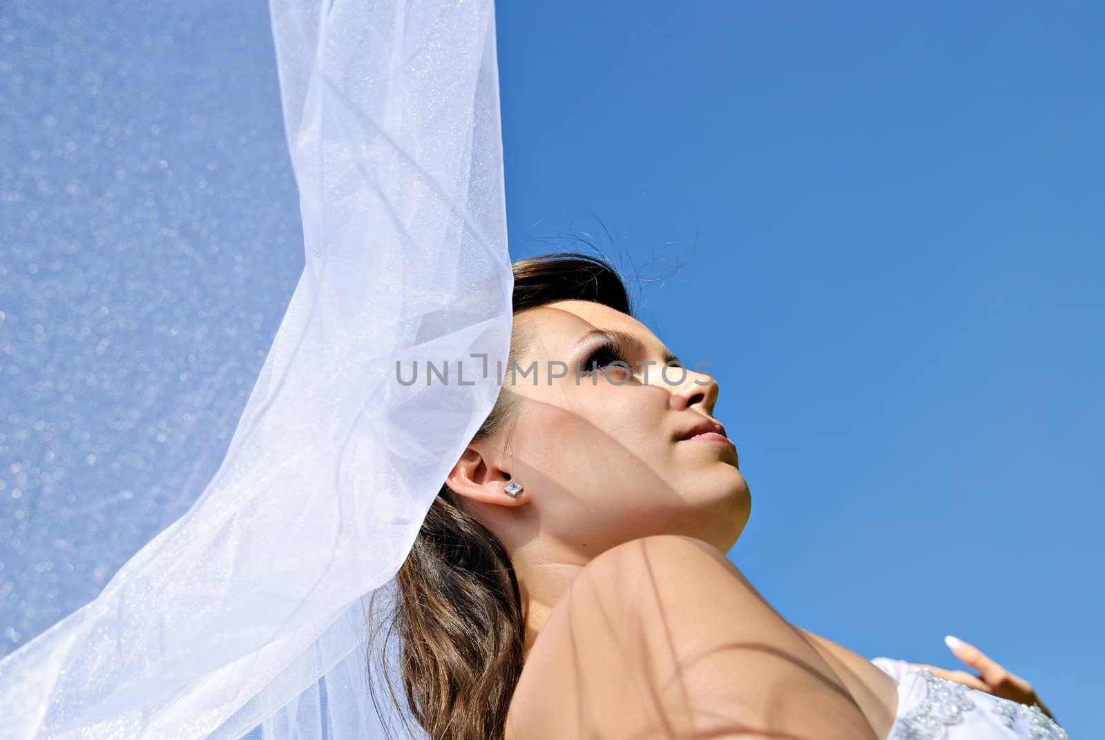 Bride under veil. Blue sky at the background.