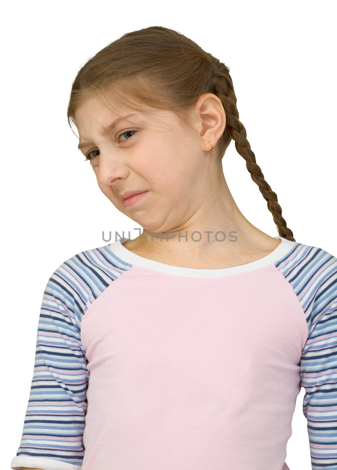 Girl make a wry face on the white background