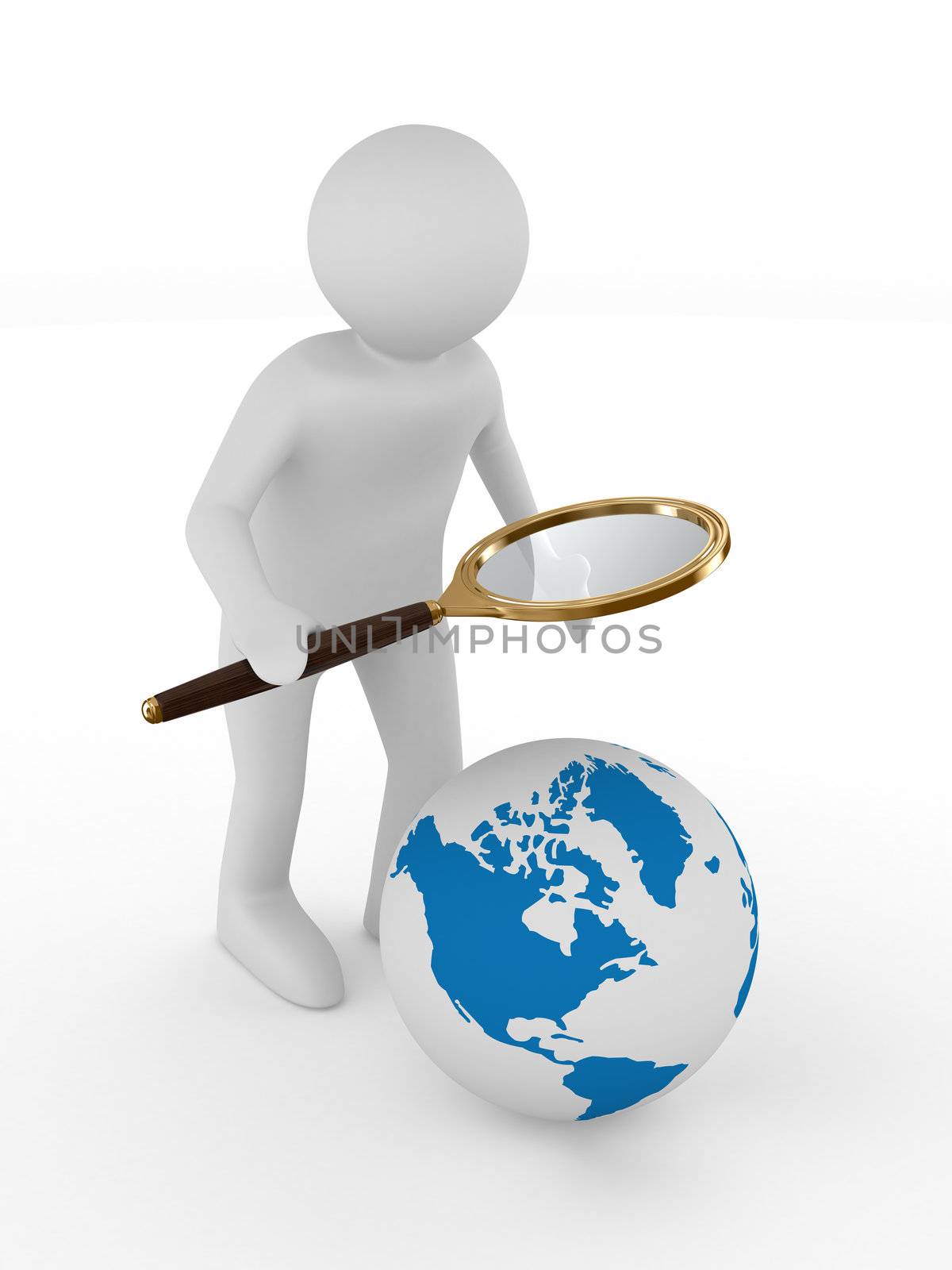 Man with magnifier on white background. Isolated 3D image