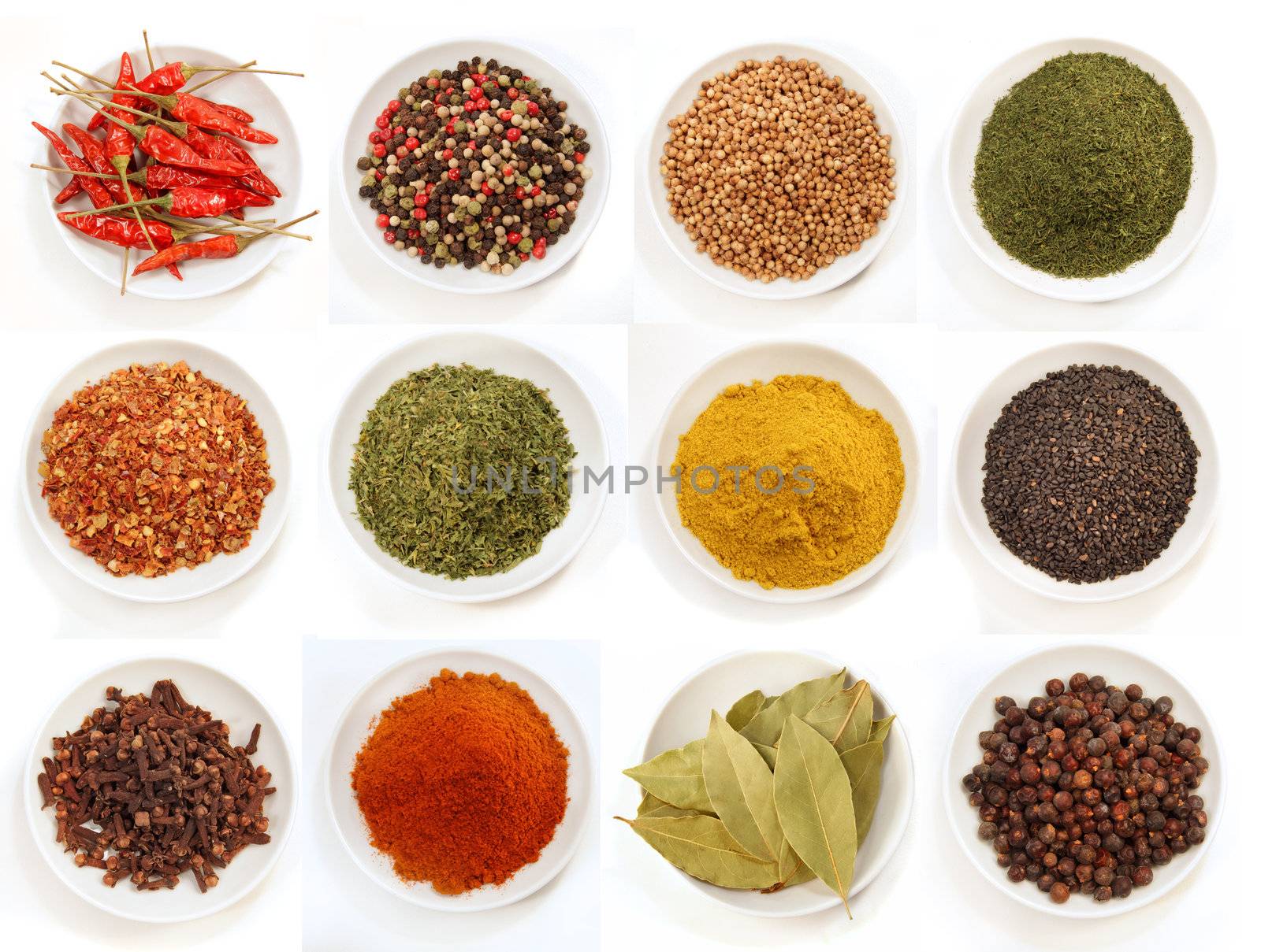 Variety of different spices iin bowls for seasoning 