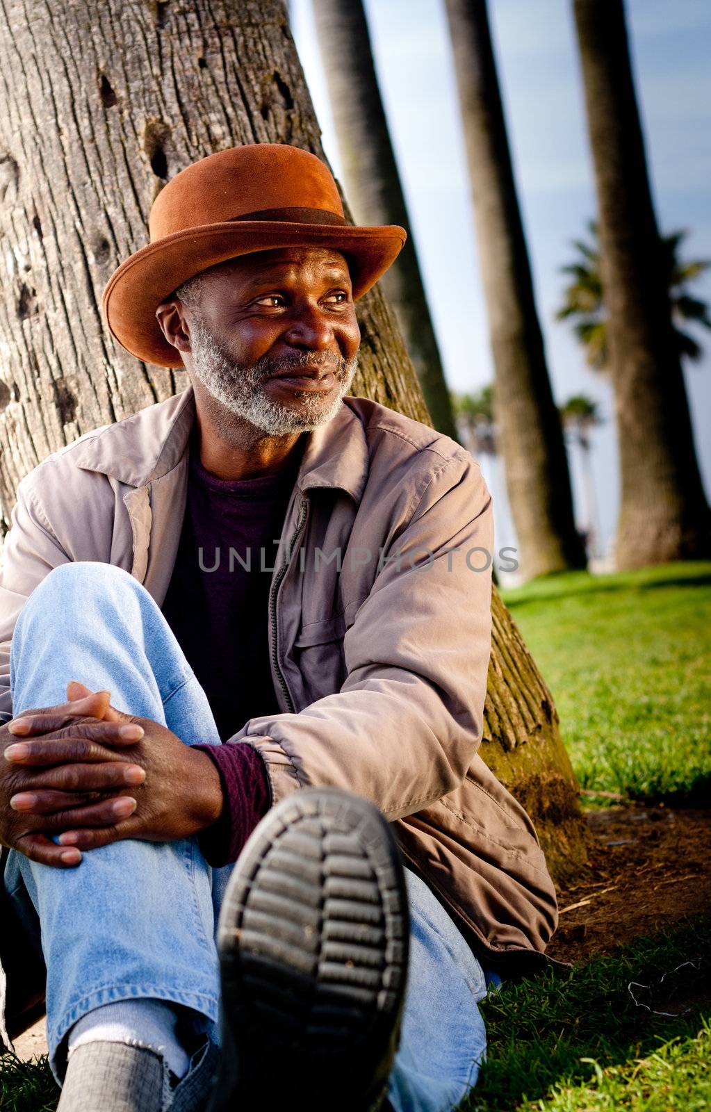 A photograph of a happy man relaxing against a tree at the beach.