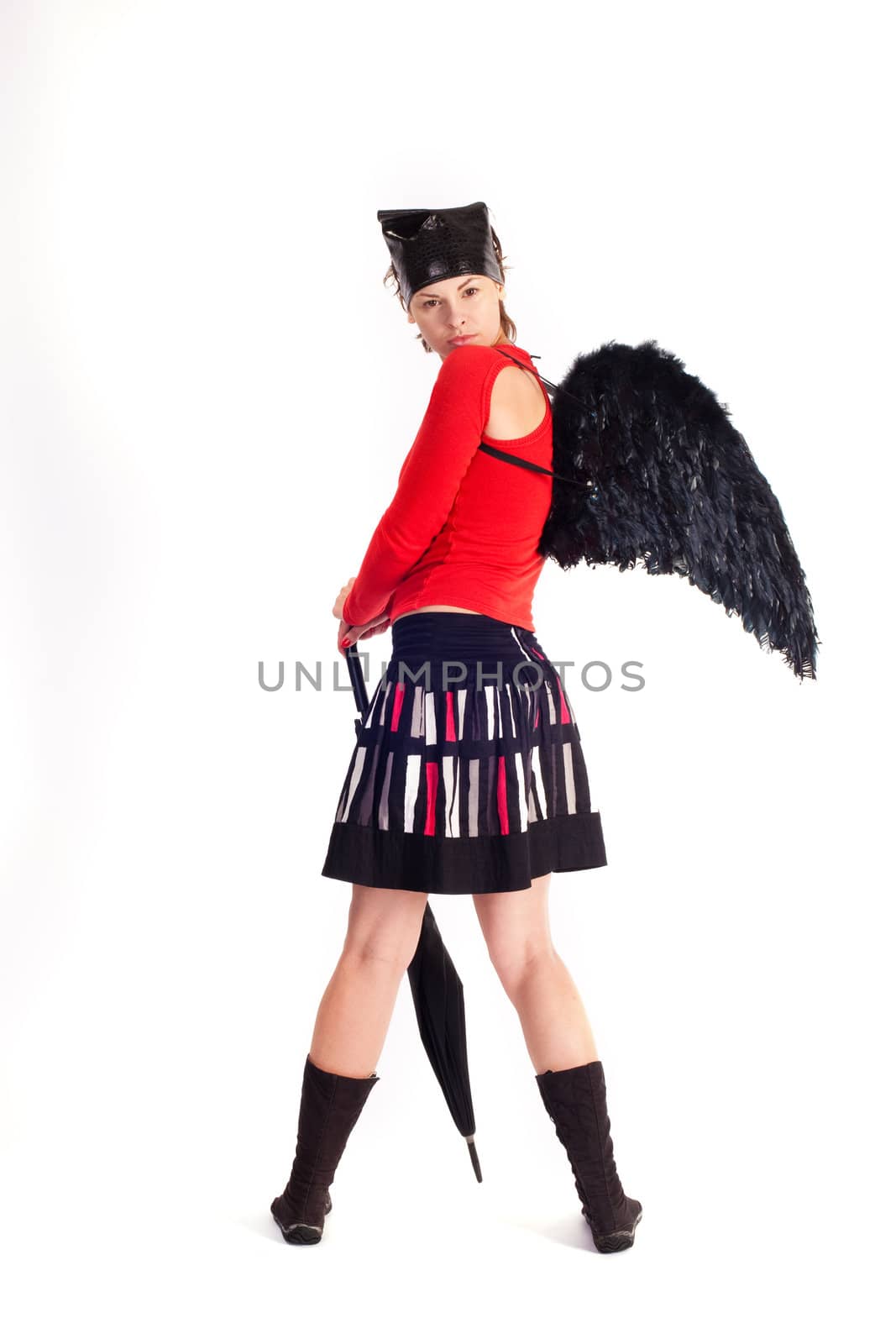 people series: young girl with black umbrella and wing