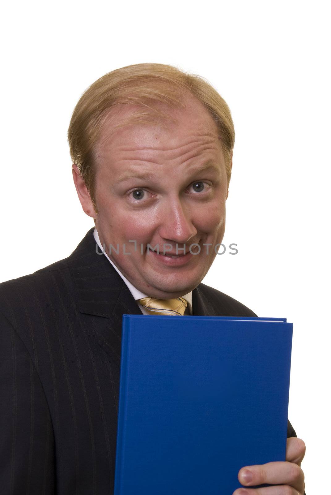 Businesman holding a notepad on white background