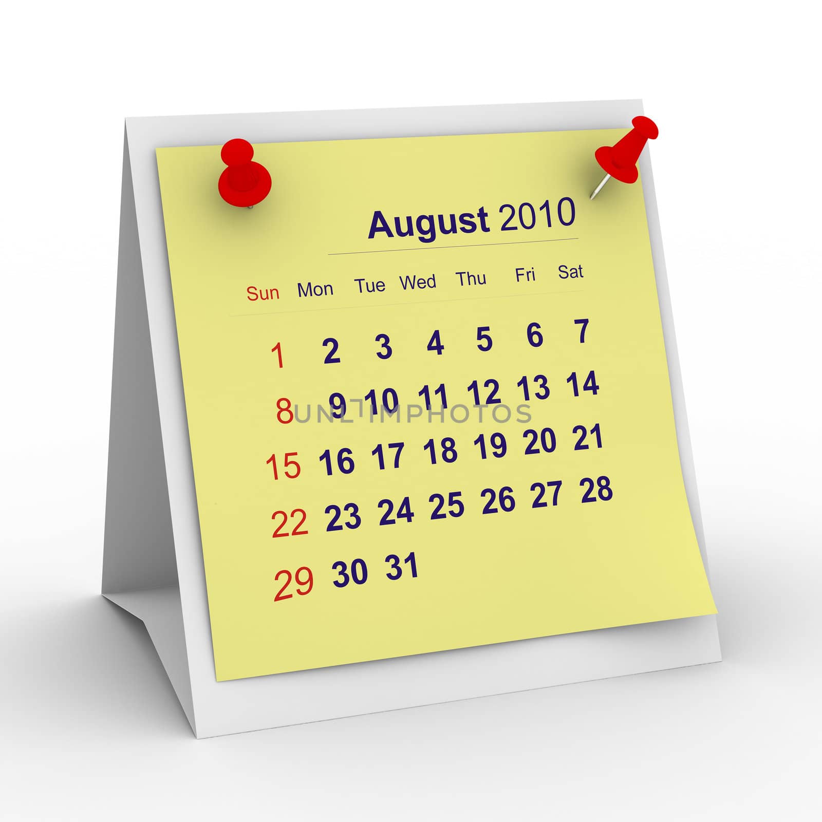 2010 year calendar. August. Isolated 3D image