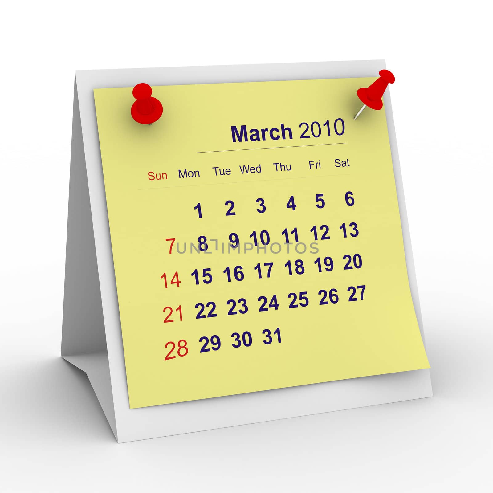 2010 year calendar. March. Isolated 3D image