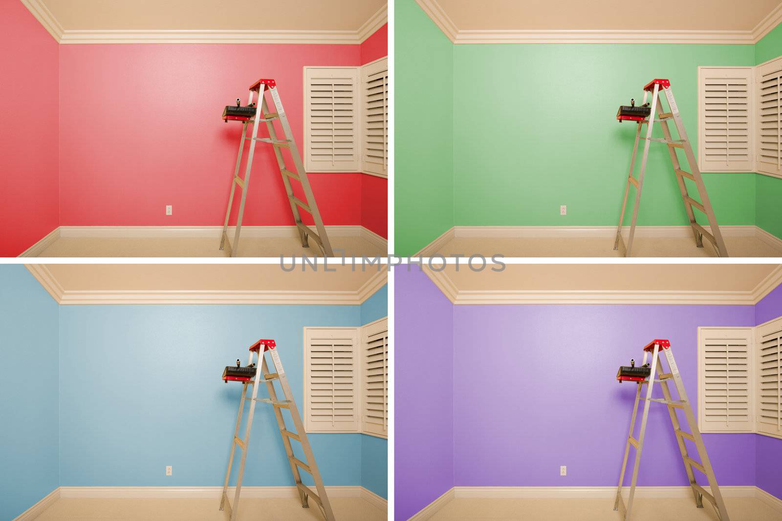 Set of Empty Rooms Painted in Variety of Colors with Ladder, Rollers and Tray.