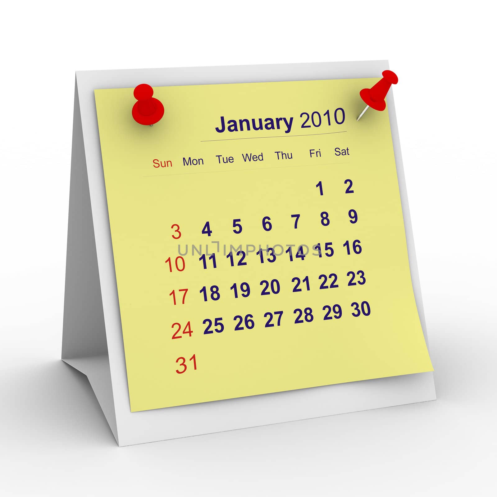 2010 year calendar. January. Isolated 3D image