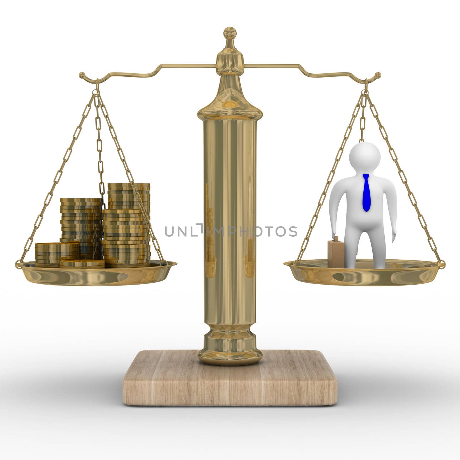 Cashes and businessman on weights. Isolated 3D image