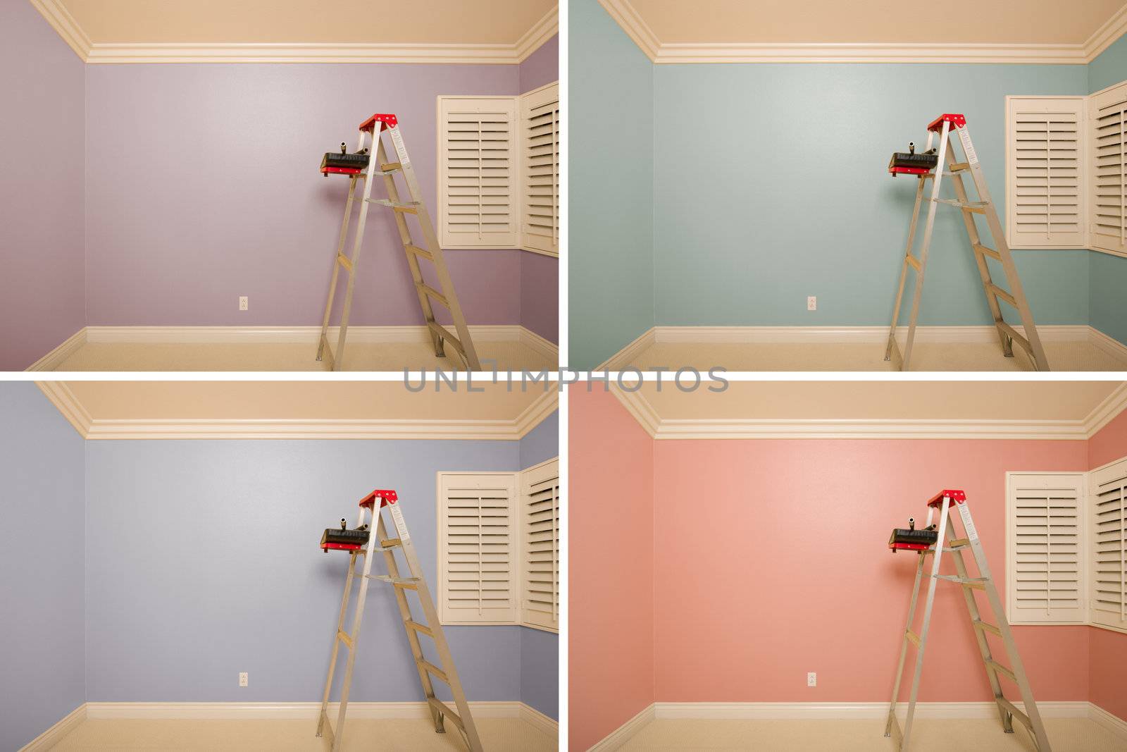 Set of Empty Rooms Painted in Variety of Colors with Ladder, Rollers and Tray.