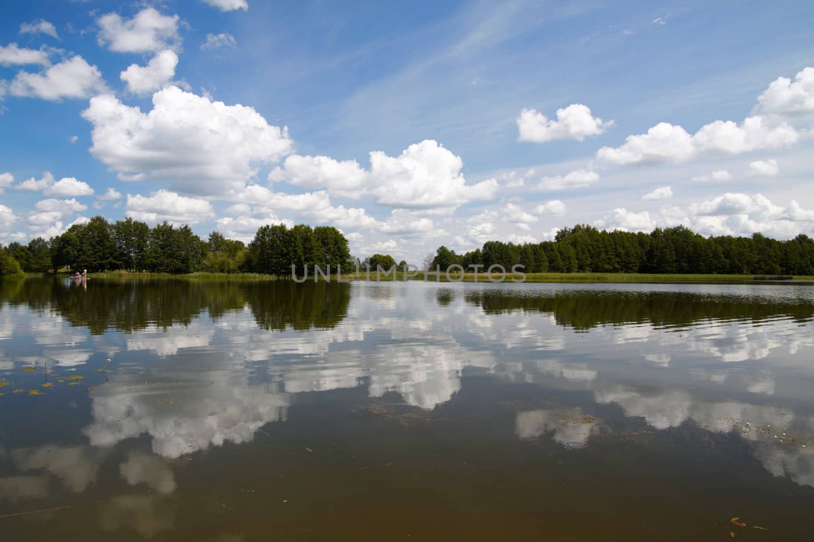 Summer landscape with a lake view, sky and clouds 