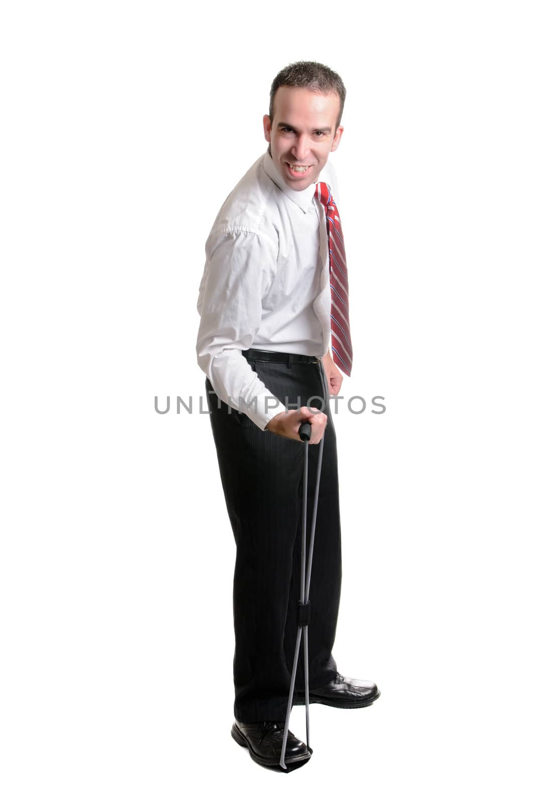 An employee using a resistance band for exercise, isolated against a white background.