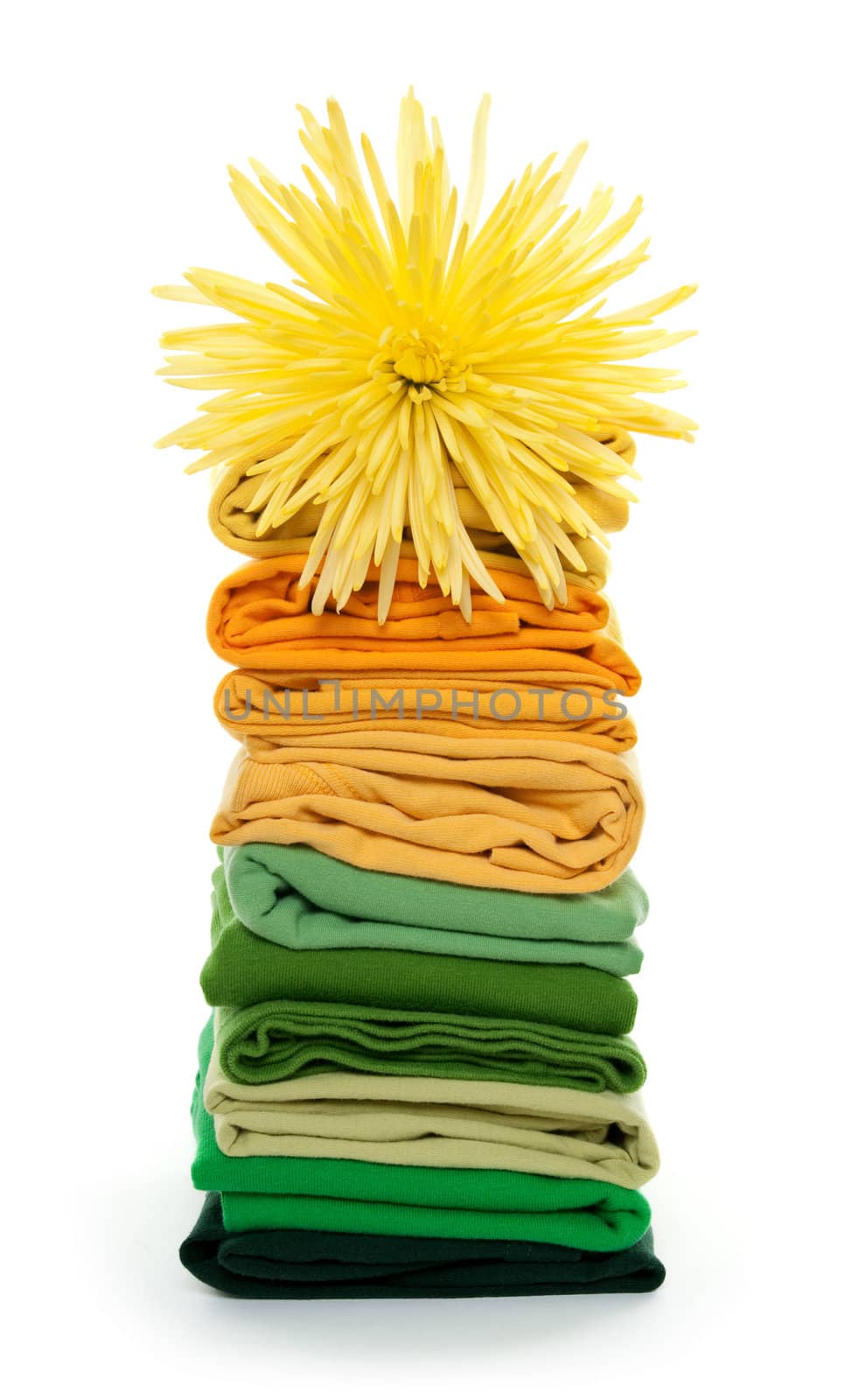Joyful spring laundry. Flower on top of green and yellow folded clothes.