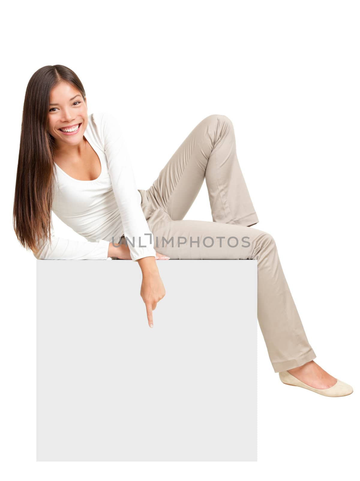 Woman sitting on / showing sign by Maridav