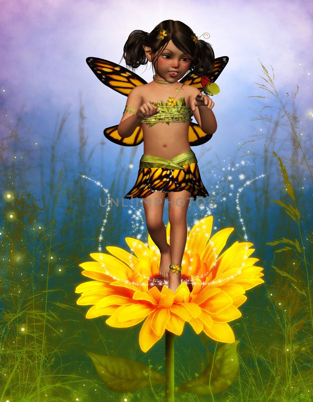 A butterfly fairy on a sunflower