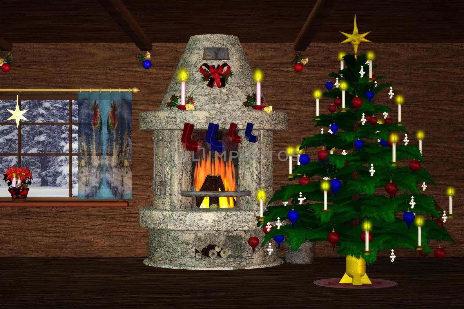 festively decorated room with a fireplace