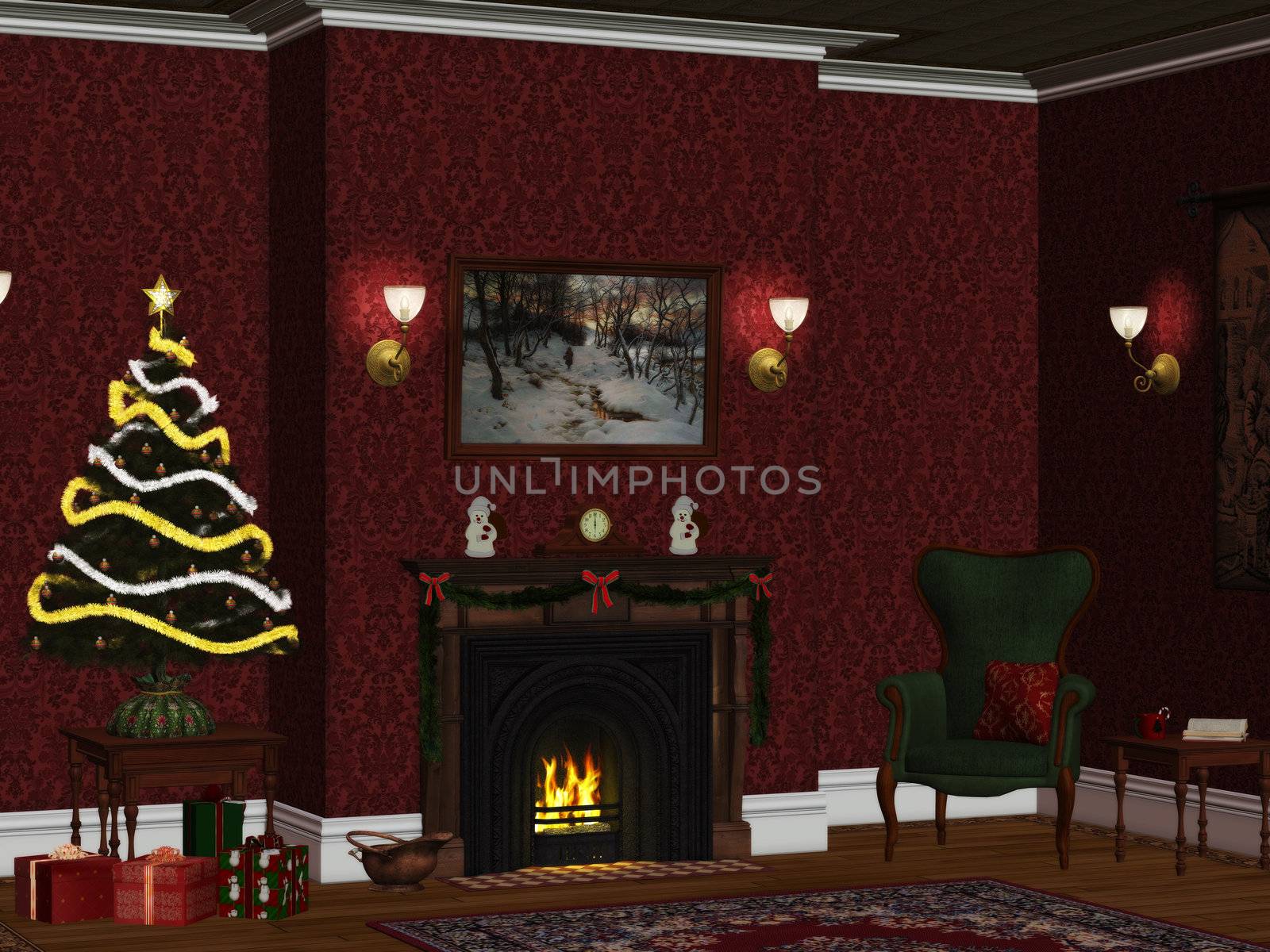 festively decorated room with a fireplace