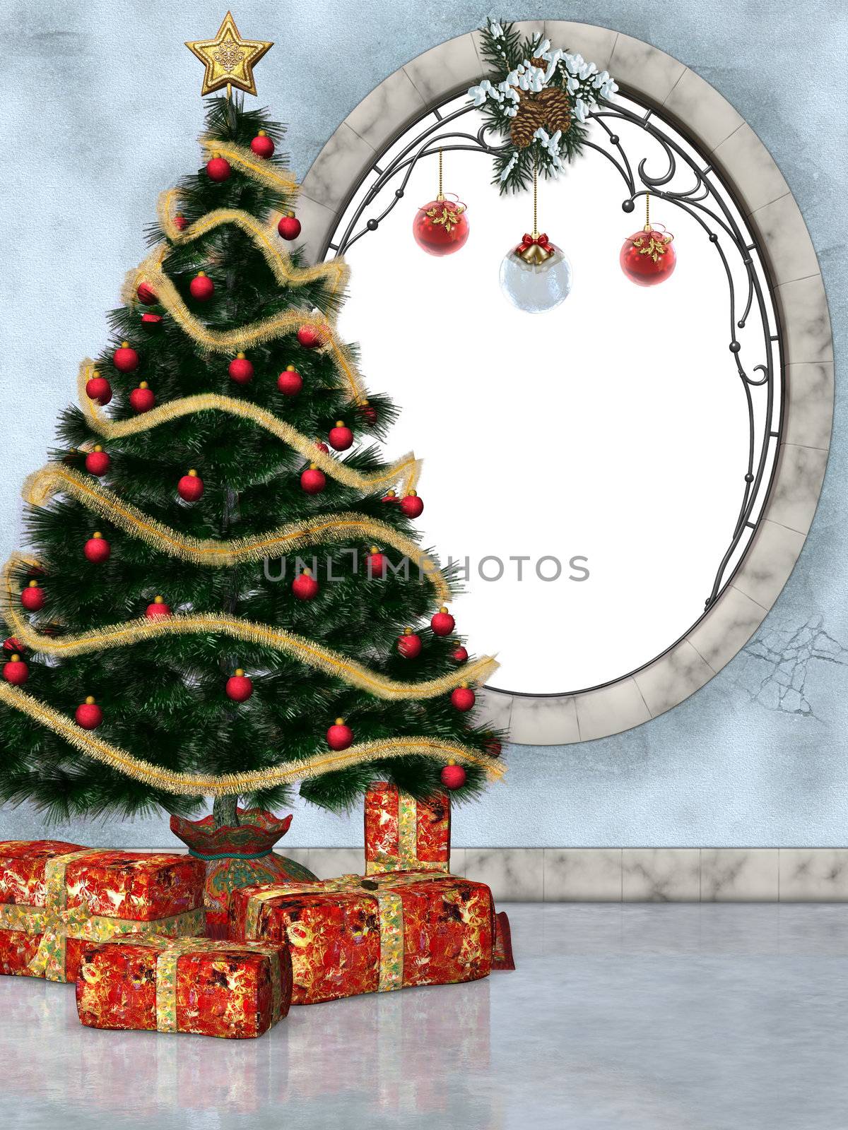 festively decorated room with Christmas tree