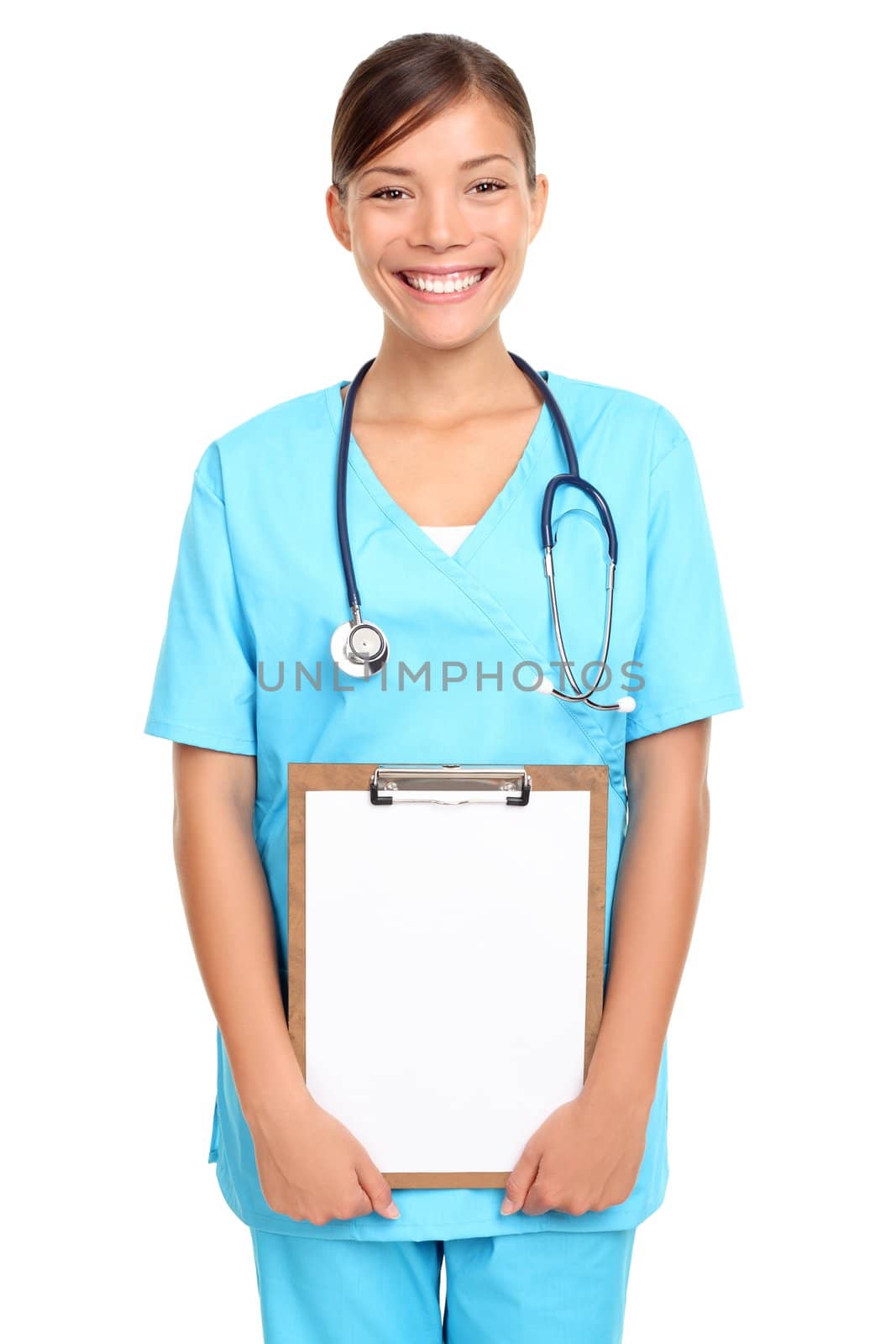 Medical nurse or young woman doctor isolated on white background holding clipboard. Beautiful friendly looking woman in her twenties.
