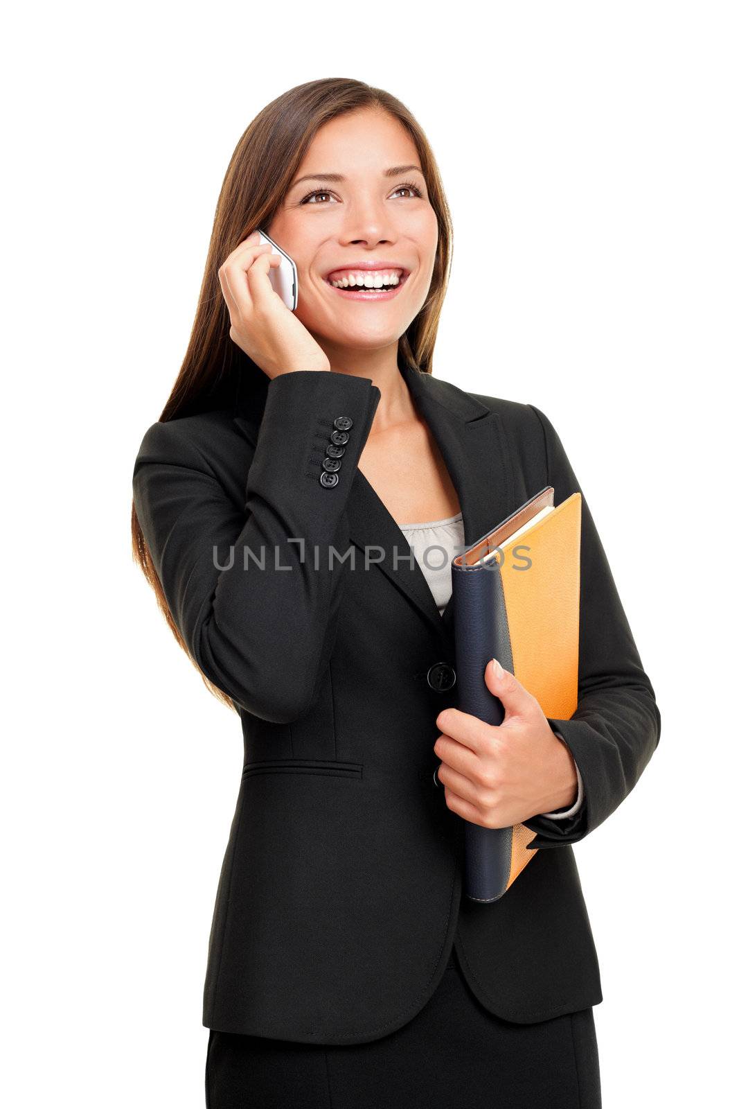 Real estate female agent talking on mobile phone. Busy businesswoman working on white background.