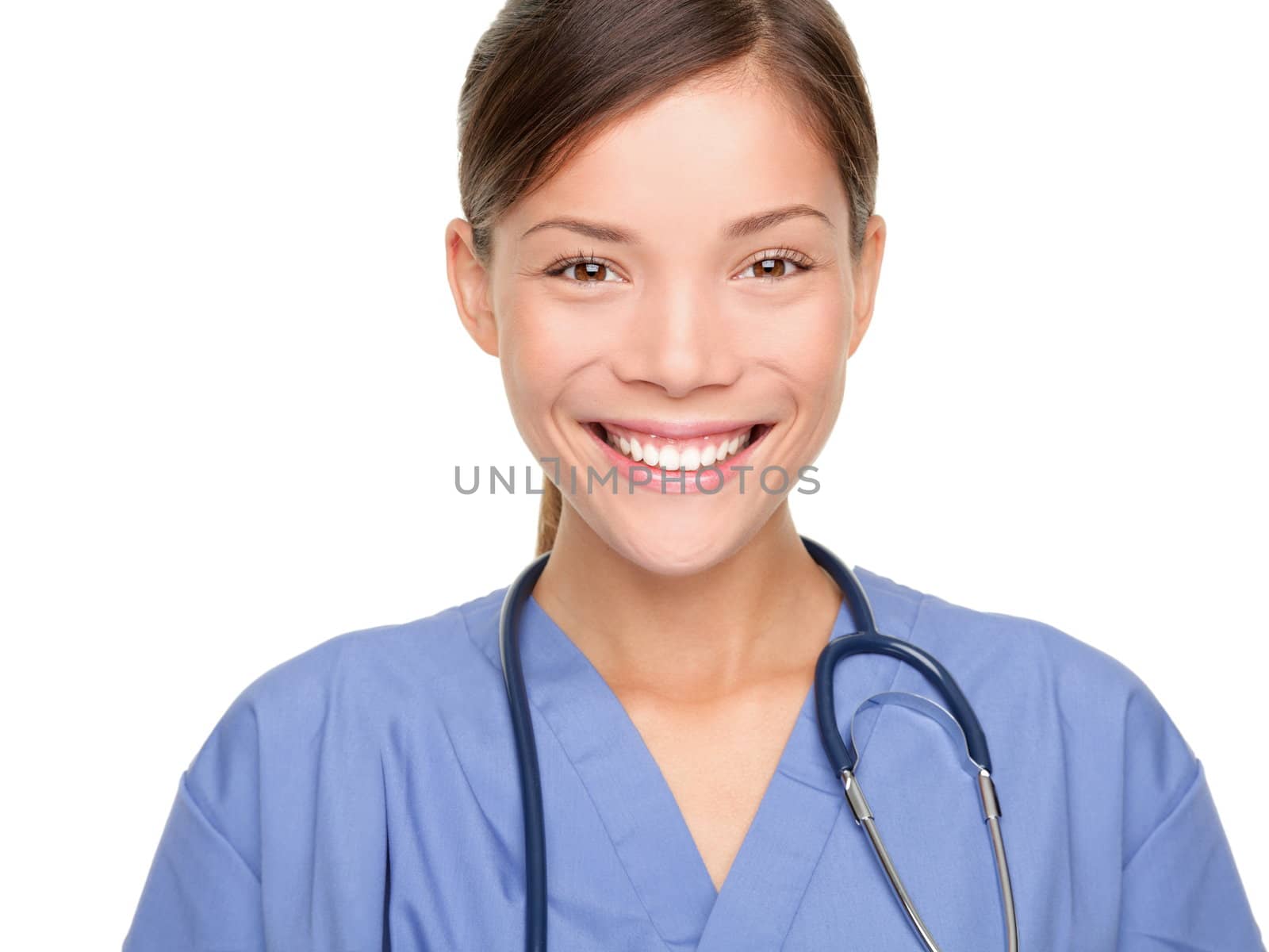 Cute asian nurse / doctor woman smiling isolated on white background. Medical people portrait.