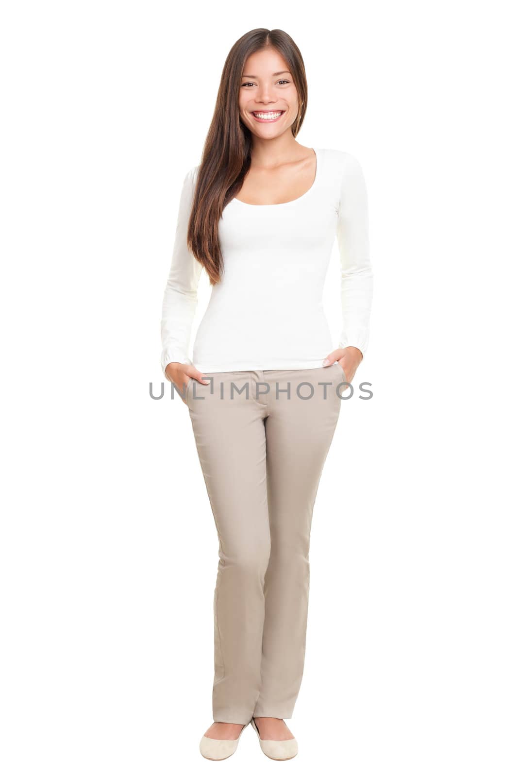 Woman standing isolated on white background. Casual multiracial Asian Caucasian natural beauty in full body.