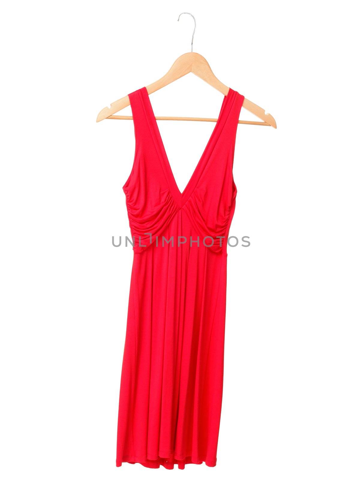 Red summer dress on hanger isolated on white background.