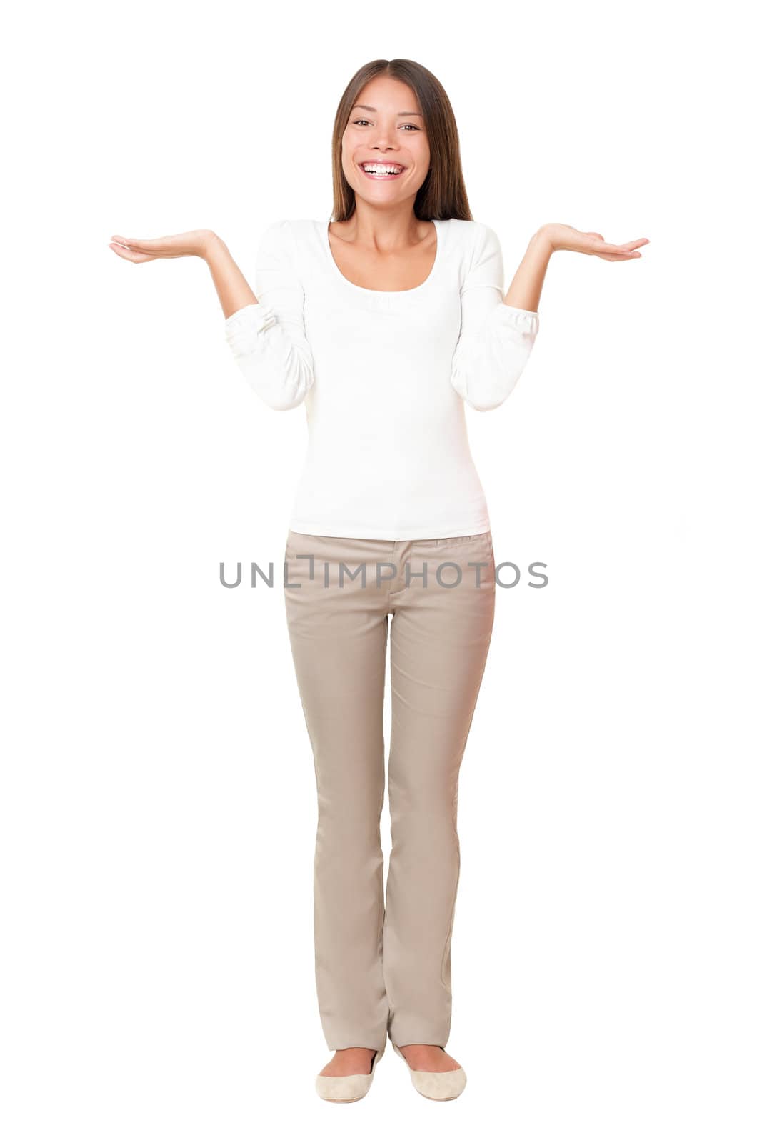 Woman confused wondering shrugging with open palms. Beautiful asian lady standing isolated  white background. Multi ethnic Asian Caucasian girl in her 20s