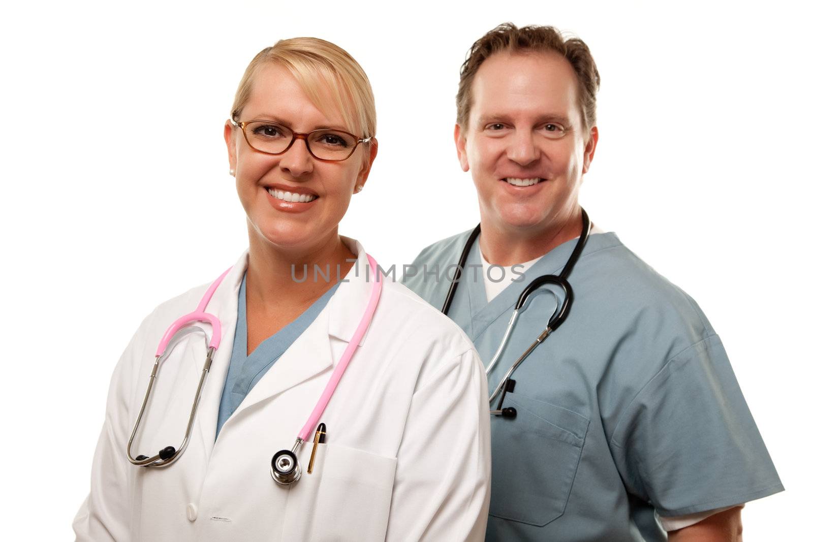 Friendly Male and Female Doctors Isolated on a White Background.