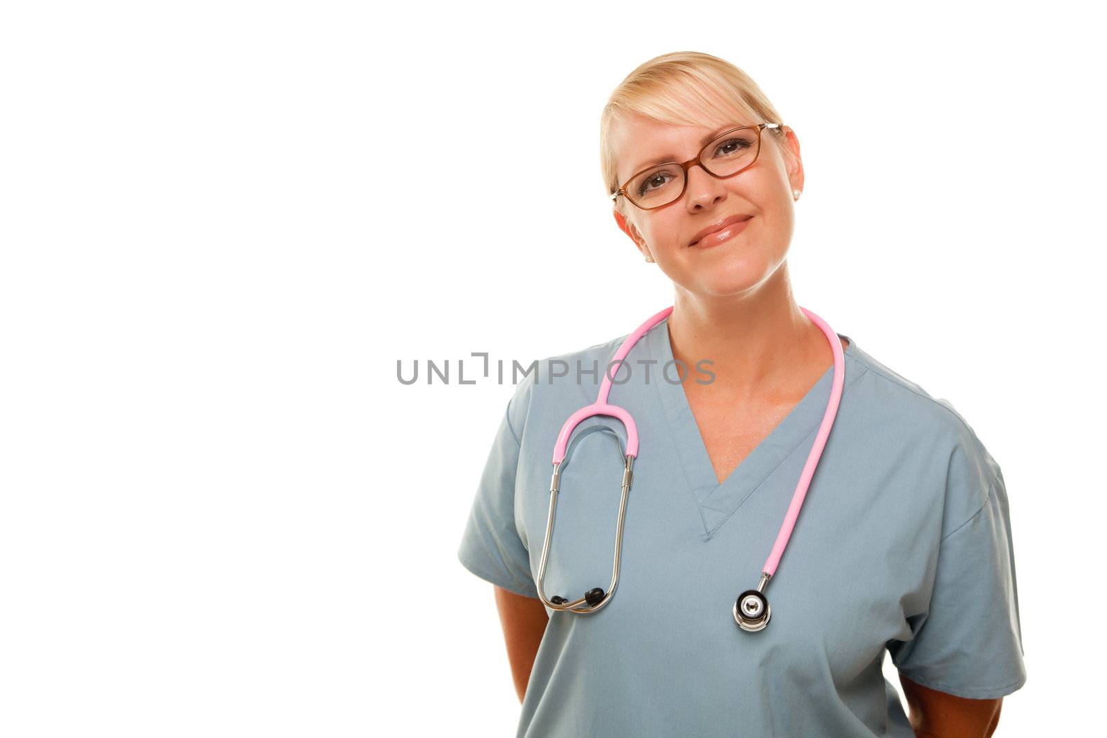 Friendly Female Blonde Doctor Isolated on a White Background.