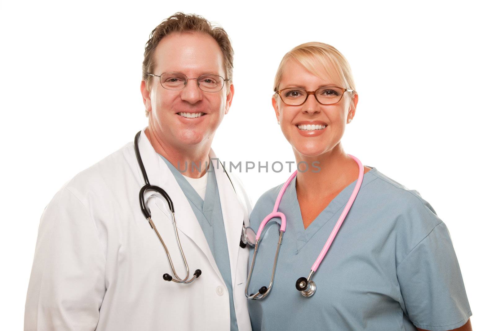 Friendly Male and Female Doctors Isolated on a White Background.