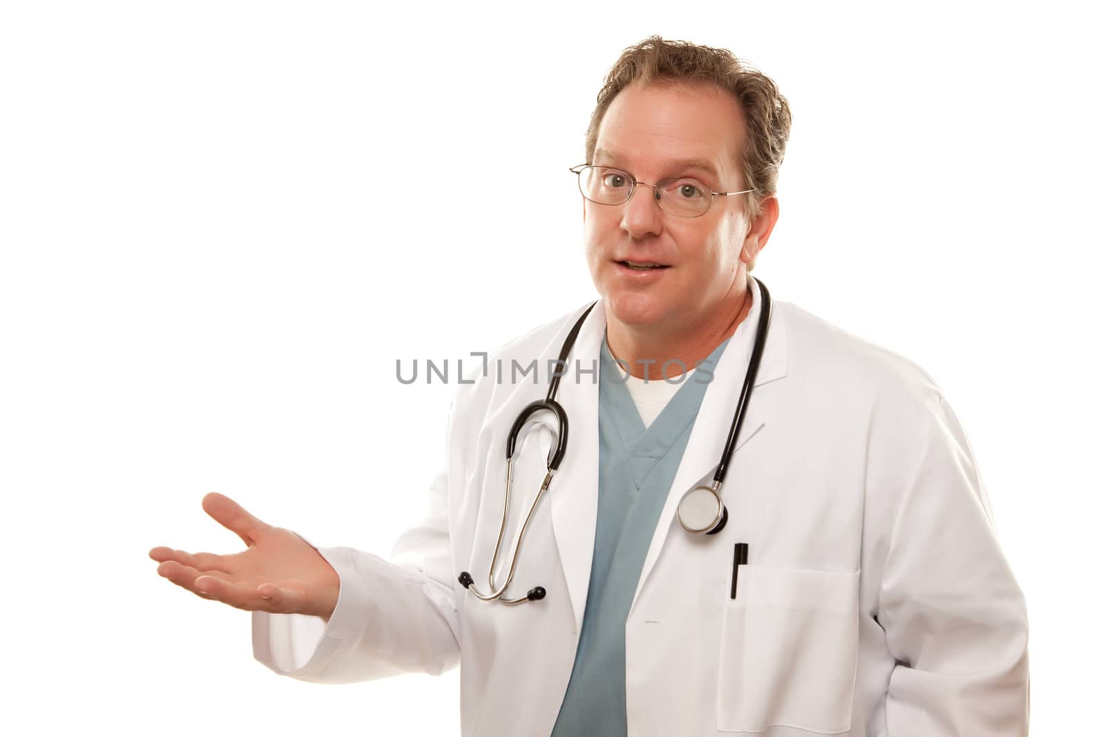 Male Doctor with Concerned Look Isolated on a White Background.