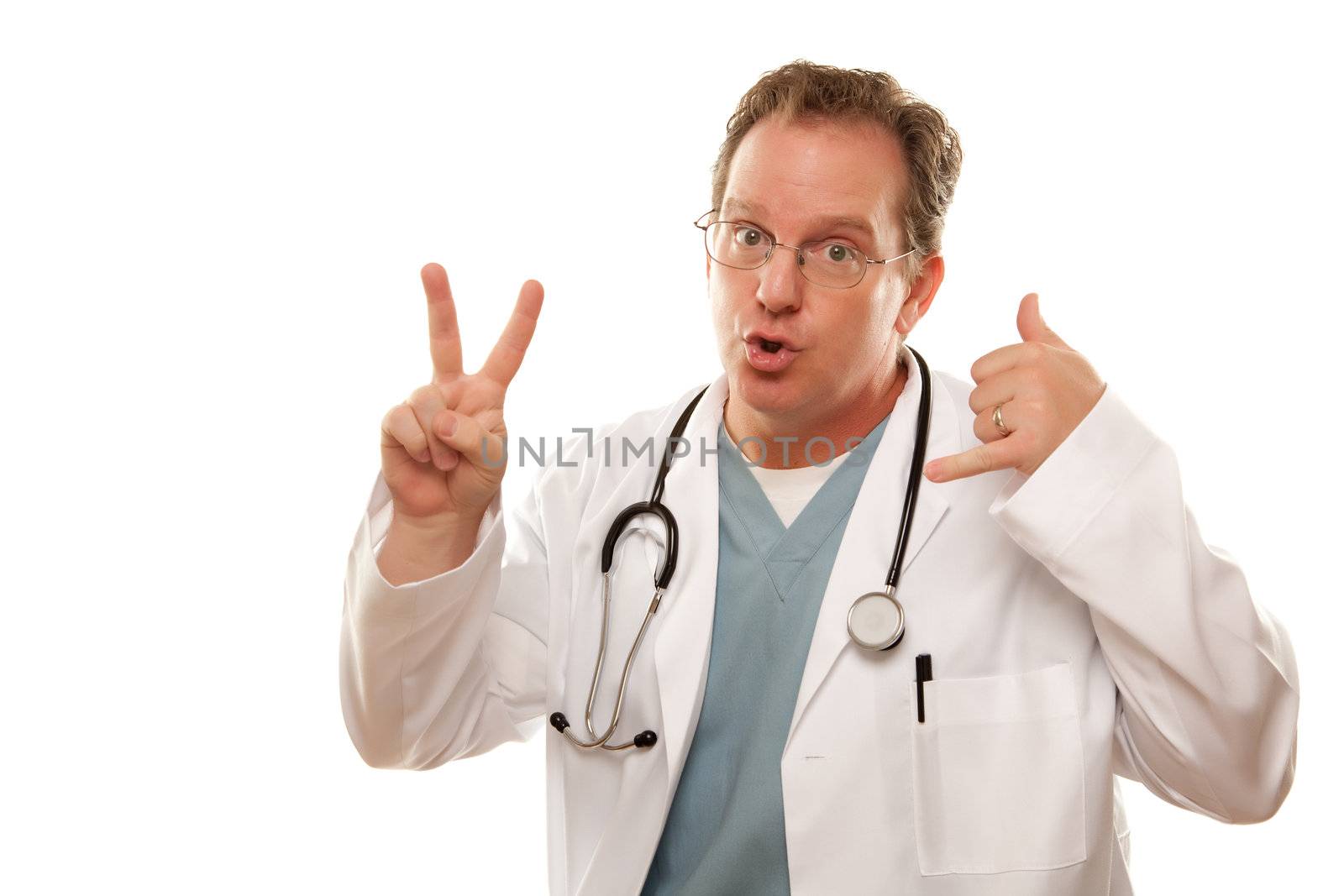 Male Doctor Expressing Take Two and Call Me Isolated on a White Background.