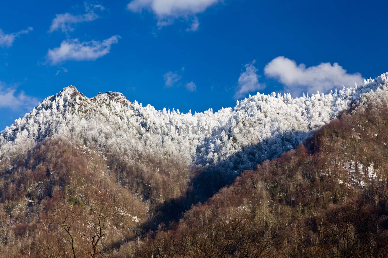 Famous Smoky Mountain view of Chimney Tops covered in snow in early spring