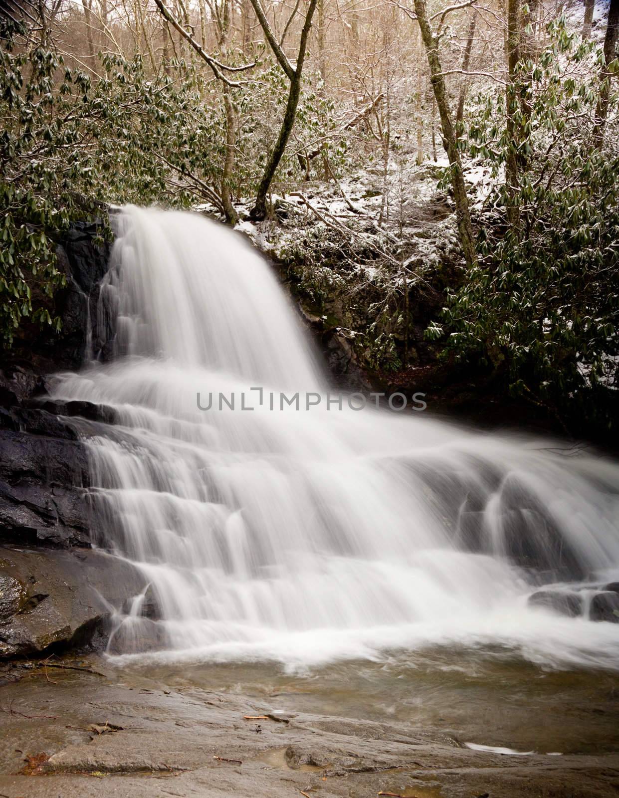 Laurel Falls in Smoky Mountains in snow by steheap