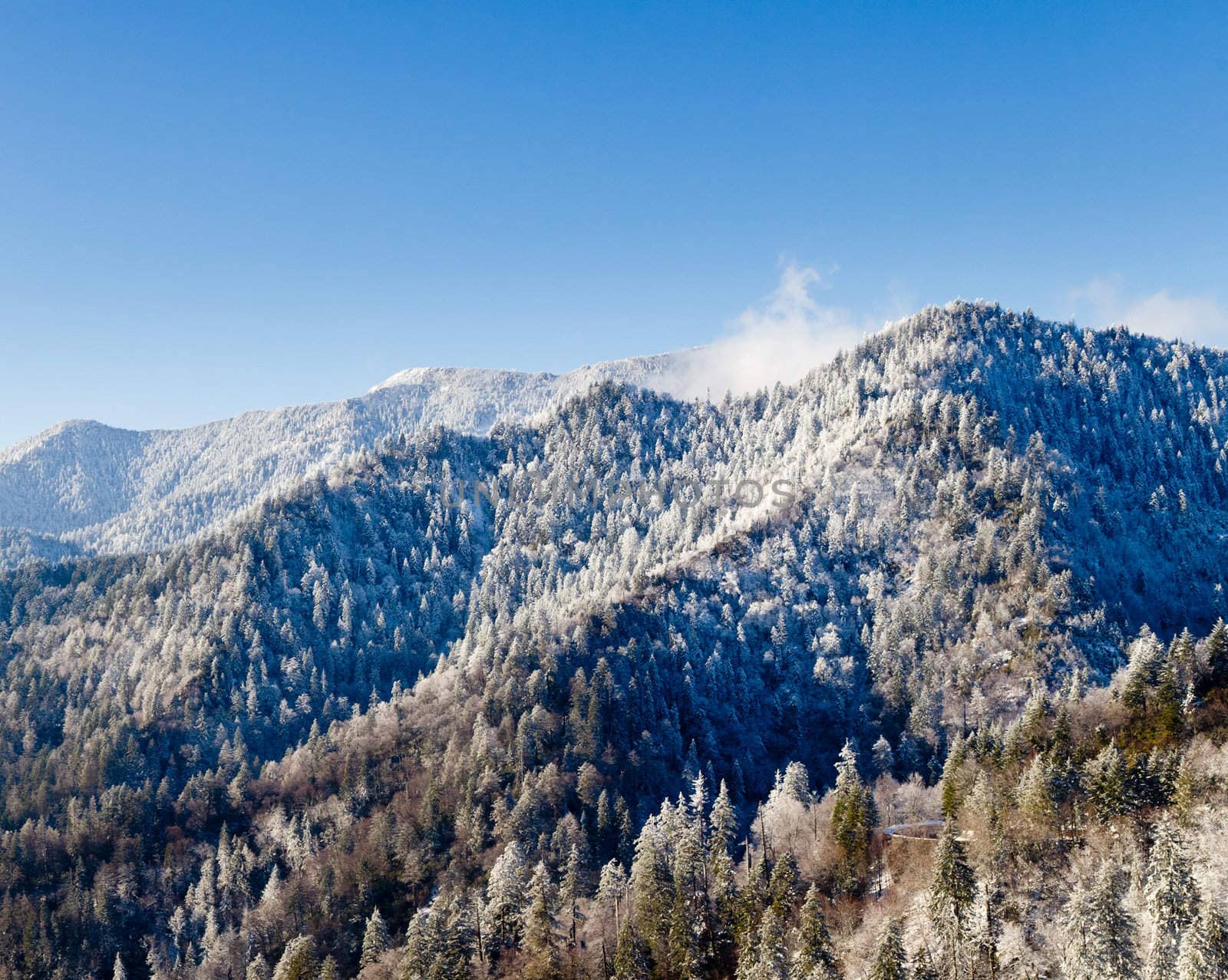 Famous Smoky Mountain view of Mount Leconte covered in snow in early spring