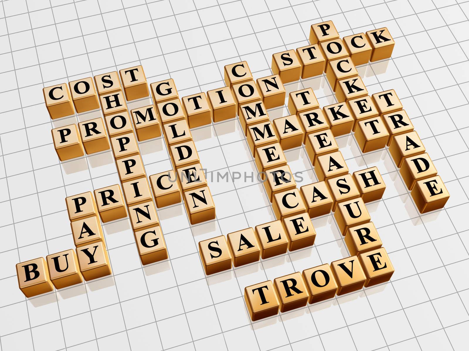 3d gold cubes with text - shopping; promotion; price; sale; market; cost; stock; cash; commerce; trade; buy; pay; pocket; treasure; trove; golden