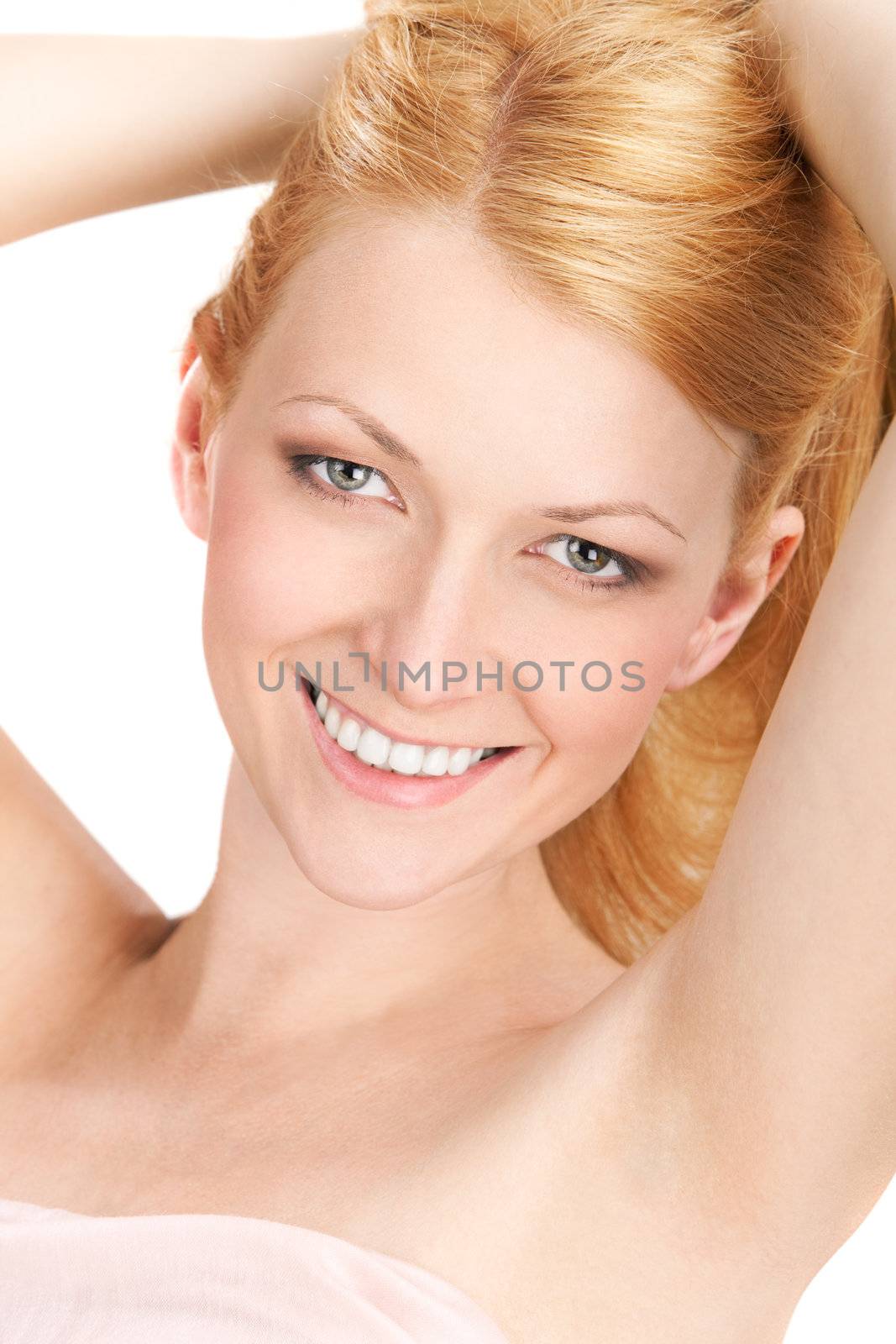 Portrait of young beautiful woman on isolated white background
