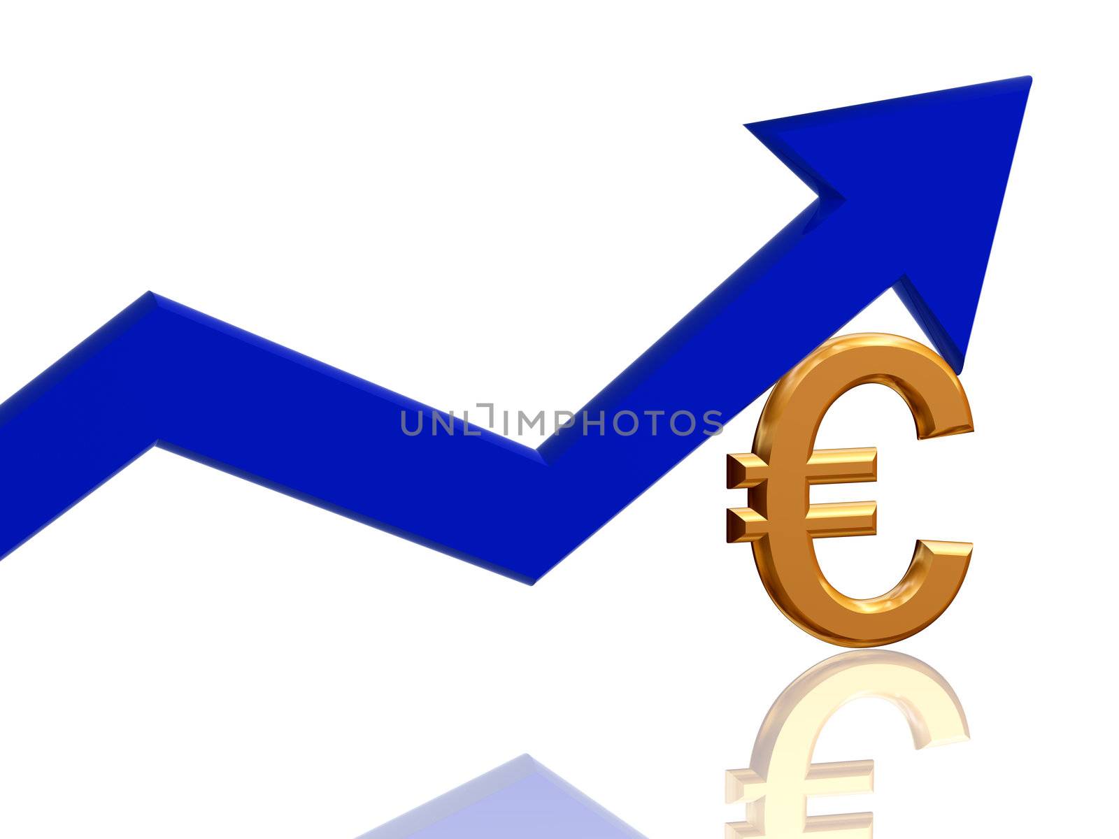 3d golden euro sign with blue arrow