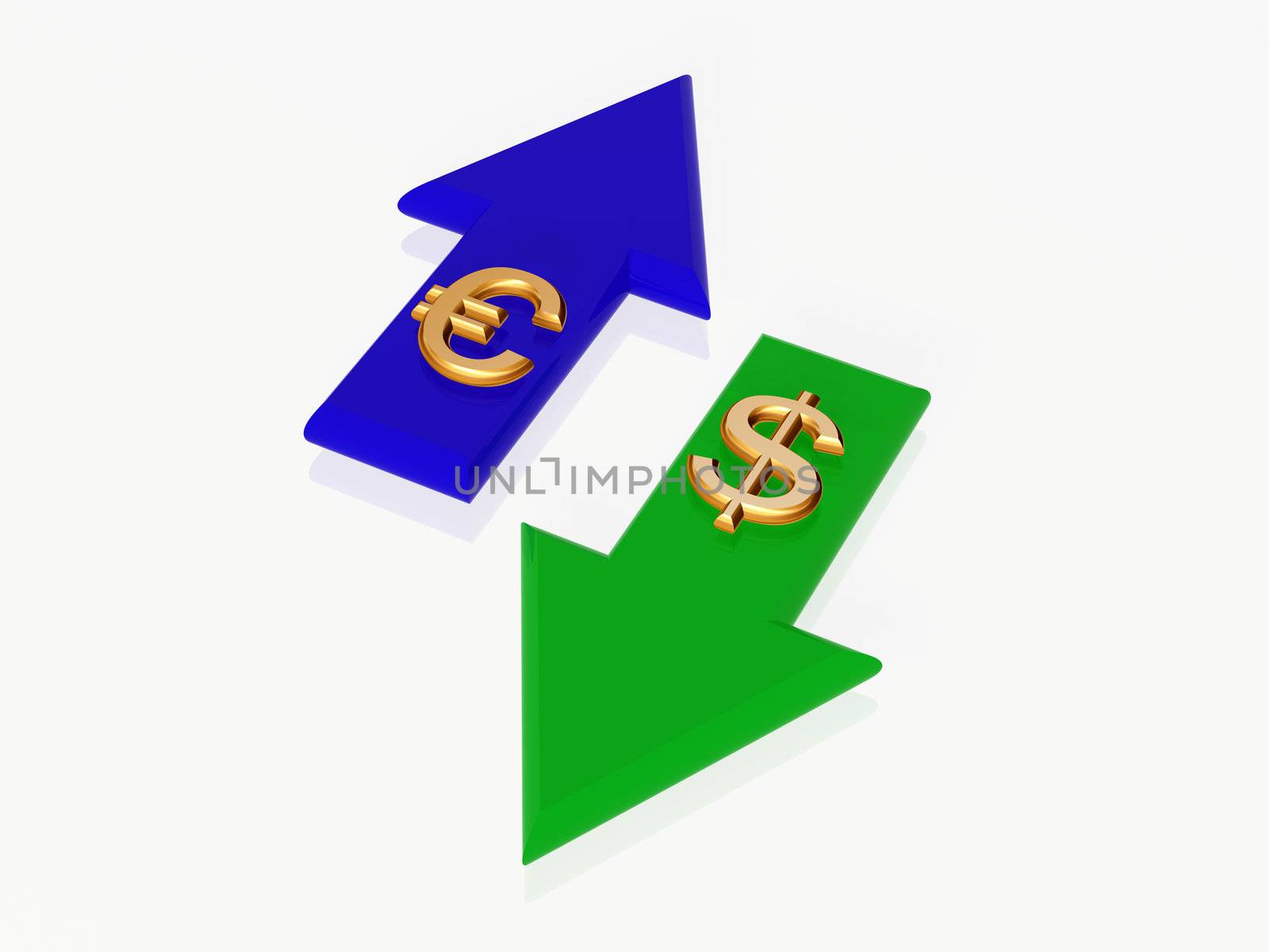 two 3d golden dollar and euro signs with blue and green arrows