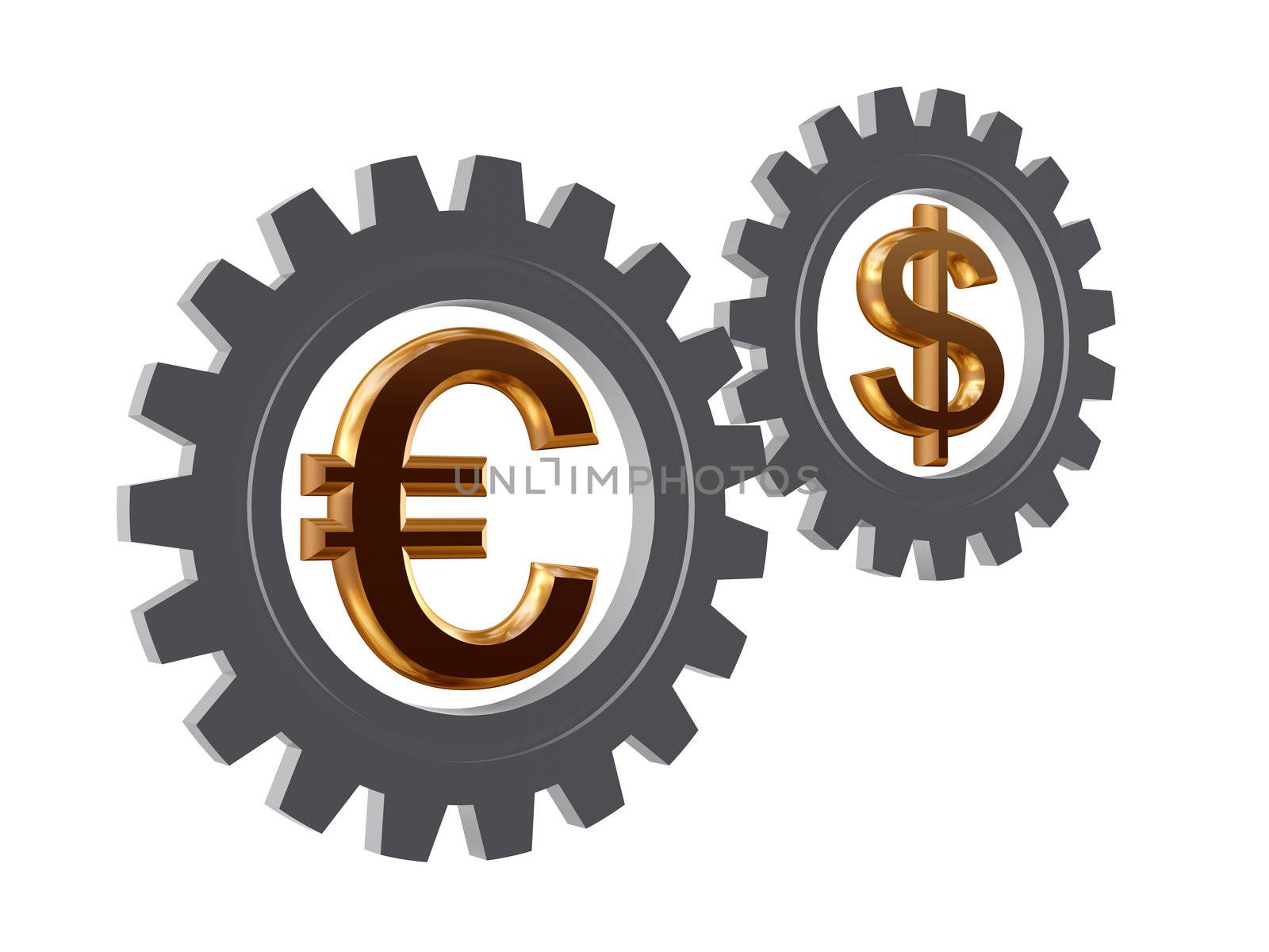 two 3d gear-wheels with golden dollar and euro signs