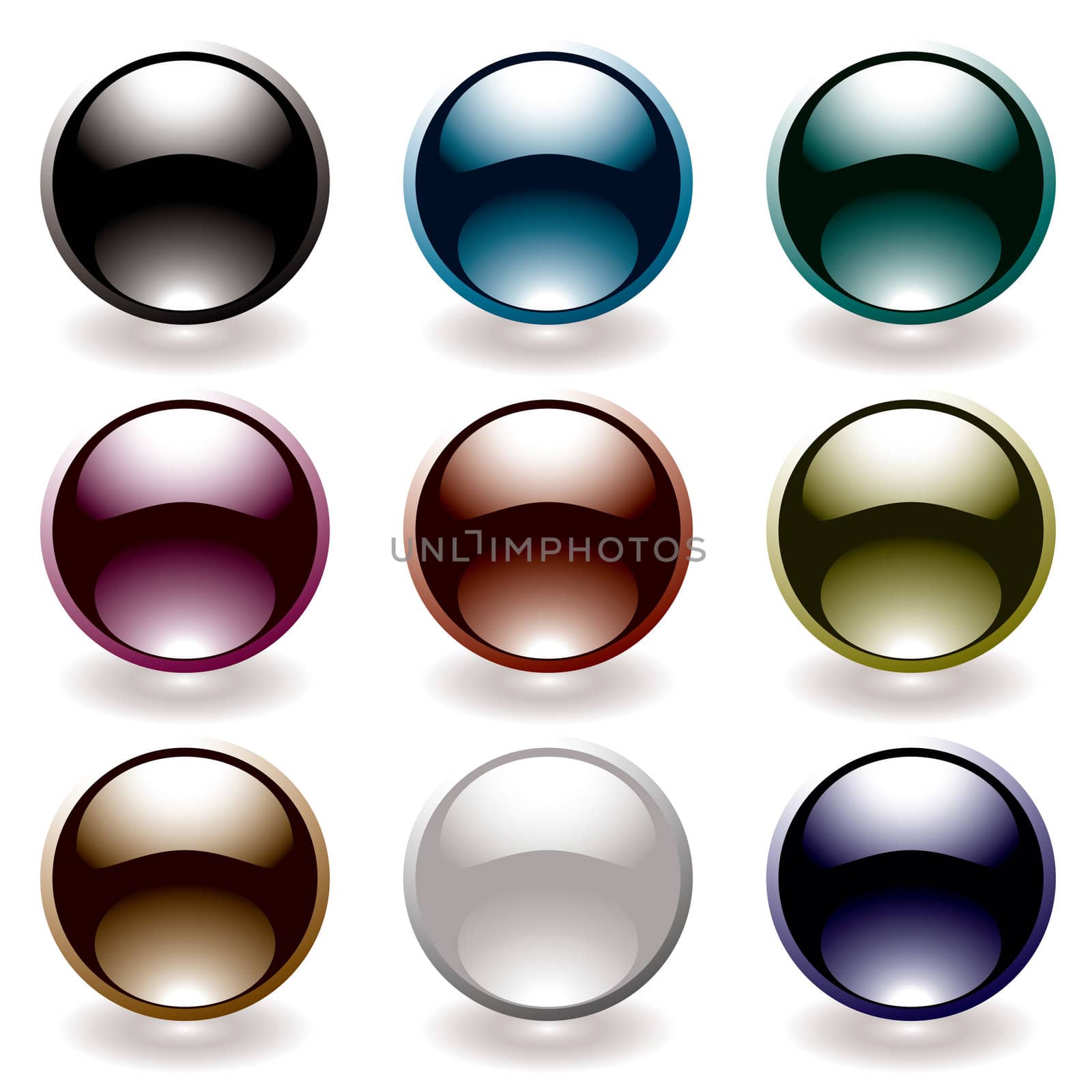 Collection of nine round icons with light reflection and black theme