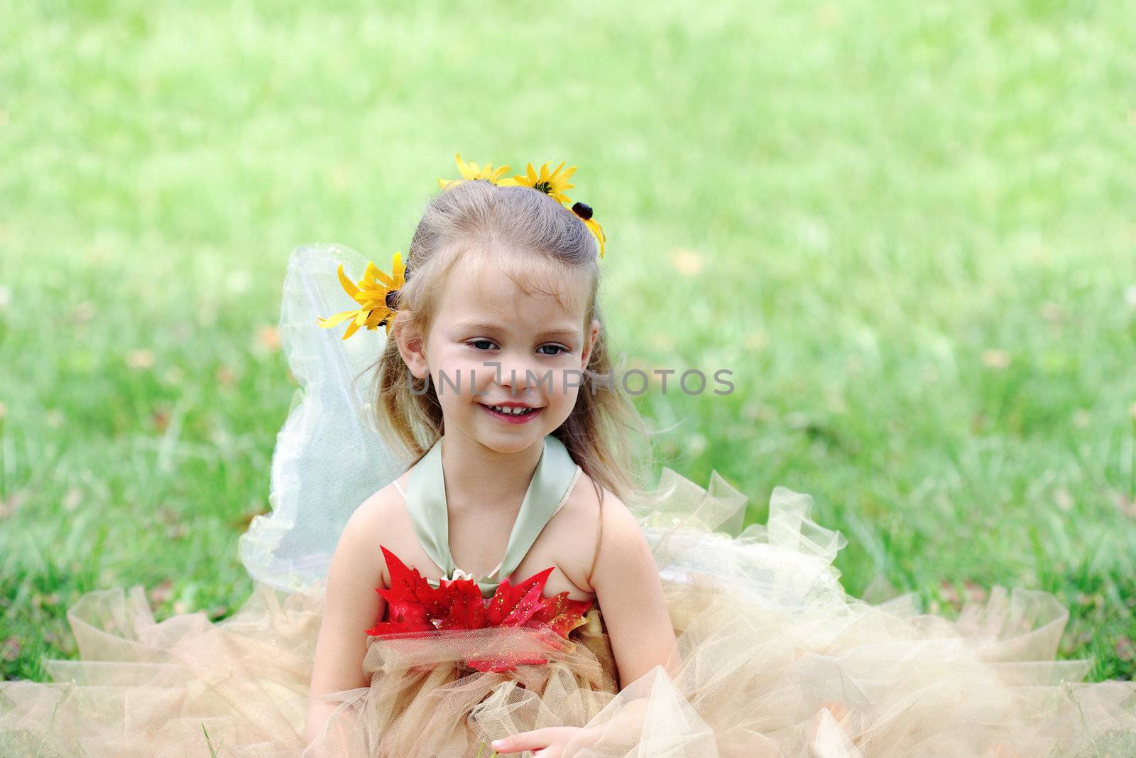 Beautiful happy little girl dressed in a fairy costume.